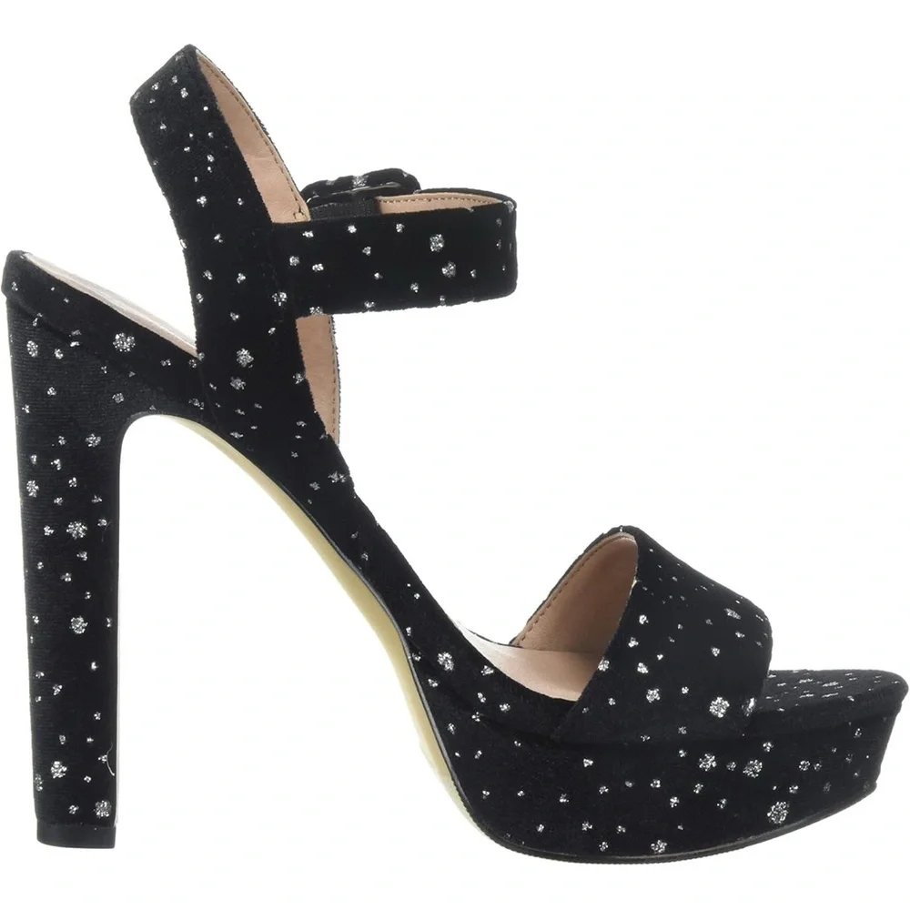 Madden Girl ROLLOO Black& Silver Velvet Platform Block Heels 4” Size 7.5 - Picture 2 of 4